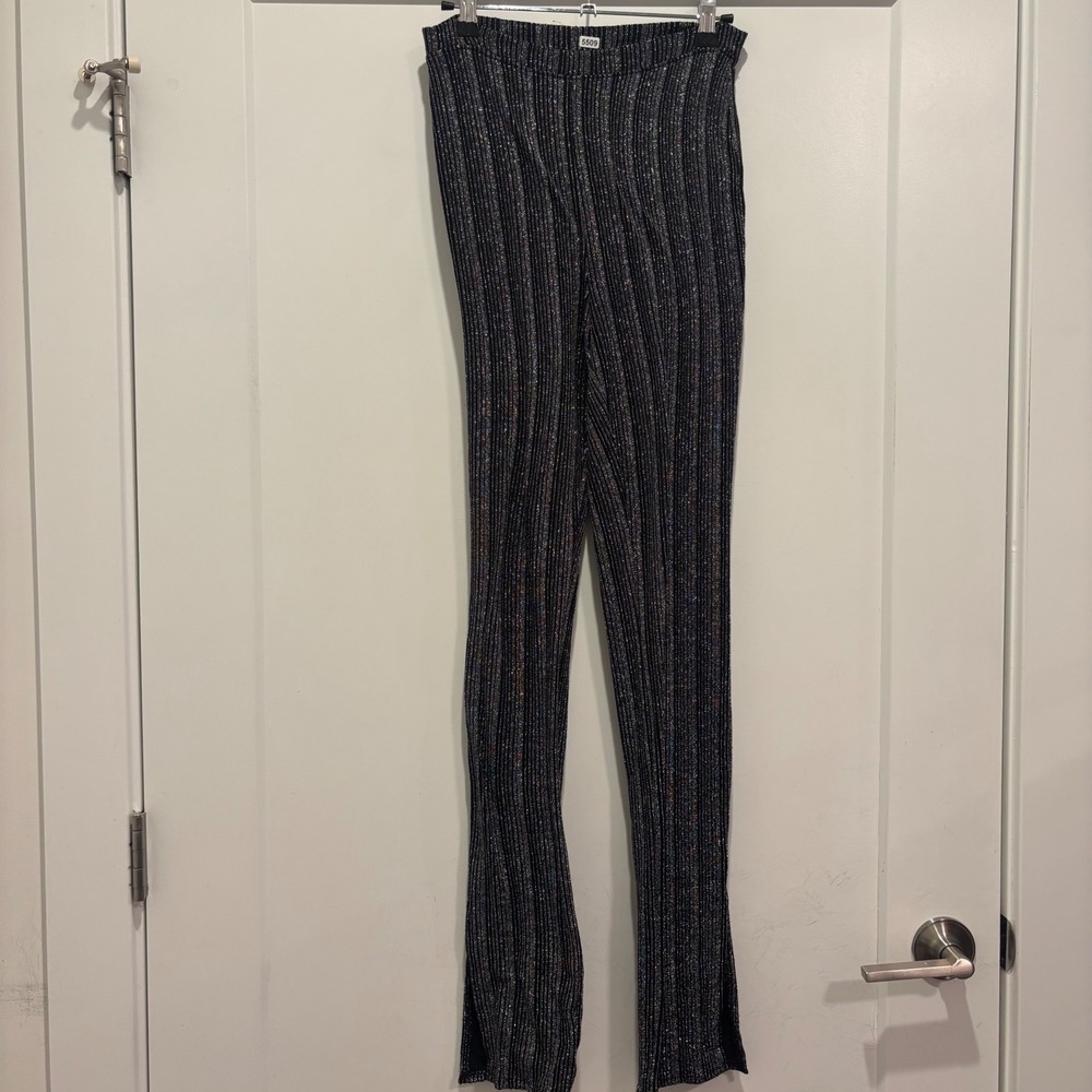 Reformation Silver Metallic Knit Flare Pants Side Slit Black Stripe Small